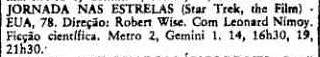 Em 25/07/1982, surpreendentemente para os padrões de exibição atuais, Star Trek, the movie estava em cartaz. O jornal erra a data de produção, colocando o filme como do ano de 78.